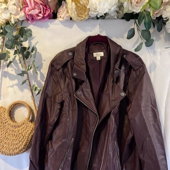 Style & Co Vintage Women Leather Like Jacket Biker Bomber Brown Burgundy Moto XL - Picture 3 of 11
